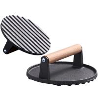 Prensa De Carne Para Barbacoa De Hierro Resistentes Al Calor Con Mango De Madera Forma Rectangular Y Circular Accesorio De Cocina Para Bacon Y Hamburguesas - details 3