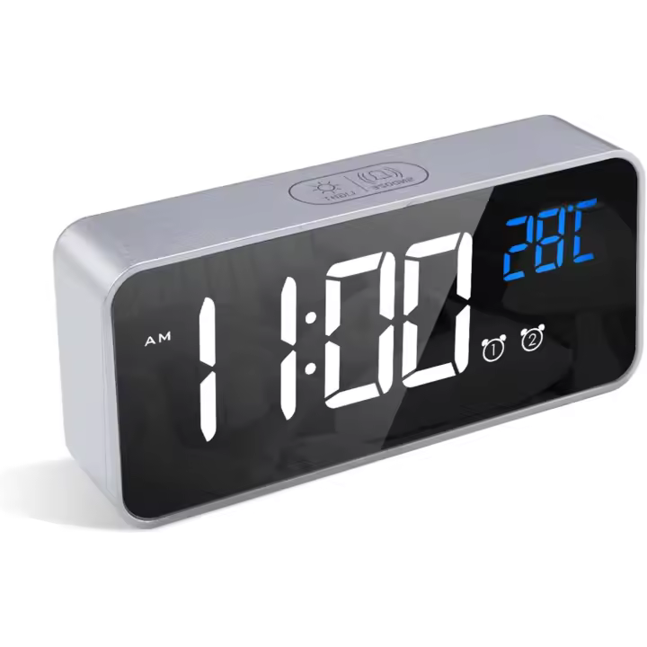 Despertador digital con LED grande, pantalla de temperatura, 13 músicas, puerto de carga USB, 4 niveles de brillo y volumen ajustables, función de repetición, espejo portátil, 2 alarmas negro - 1
