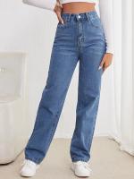 Jeans Para Mujeres Corte Recto Ajustado Y Suave De Alta Cintura Con Botones Y Bolsillos Estilo Casual De Moda Europea Y Americana - details 1