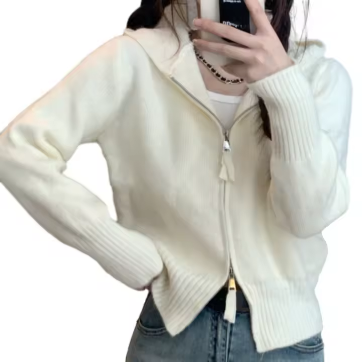 Chaqueta De Suéter Suave Para Mujer Con Capucha Y Cierre De Cremallera Estilo Preppy Comoda Y Ajustada Color Sólido Top Corto De Otoño - 1