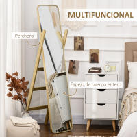 HOMCOM Espejo de Pie con Perchero Espejo de Cuerpo Entero 40x35x147 cm Espejo Largo con Marco de Madera para Salón Dormitorio Entrada Natural - details 3