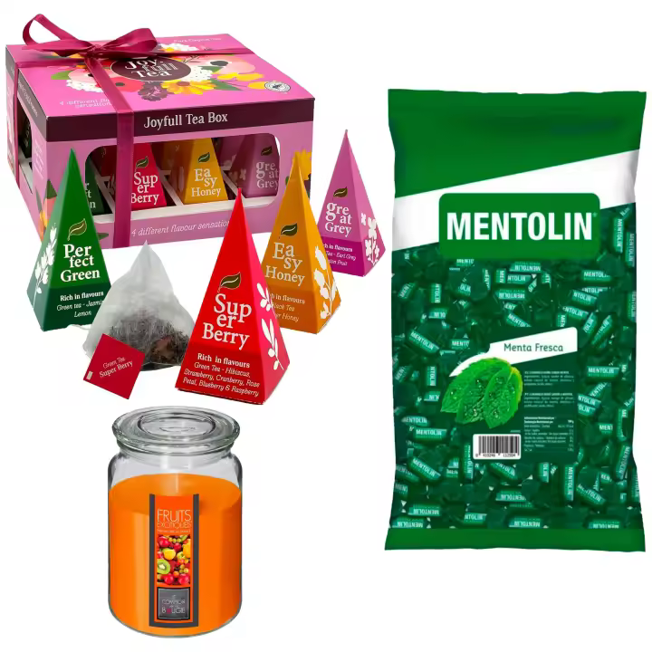 Pack relax: MENTOLIN MENTA FRESCA BOLSA 1KG + Vela Perfumada de Frutas Exóticas 510g  + WELL HOME - Caja de Té Joyfull con variedad de sabores - 1