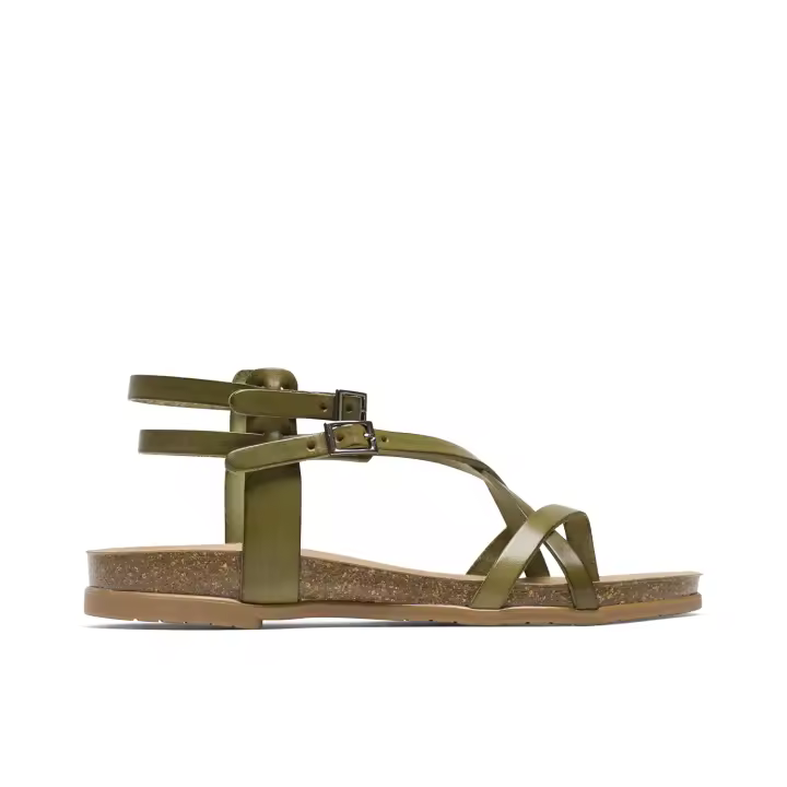 PORRONET SANDALIA PLANA ESCLAVA BIO DE PIEL KAKI SAMANTHA  - SANDALIAS PLANAS ESCLAVAS DE TIRAS SAMANTHA EN COLOR KAKI - CIERRE MEDIANTE DOBLE PULSERA AL TOBILLO CON HEBILLA - ELABORADAS EN PIEL -  M - 1