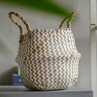 Bolsa De Almacenamiento Bohemia De Paja Con Estampado Rayado Y Florales Hecha a Mano Plegable Para Ropa Jardín Maceta - details 15