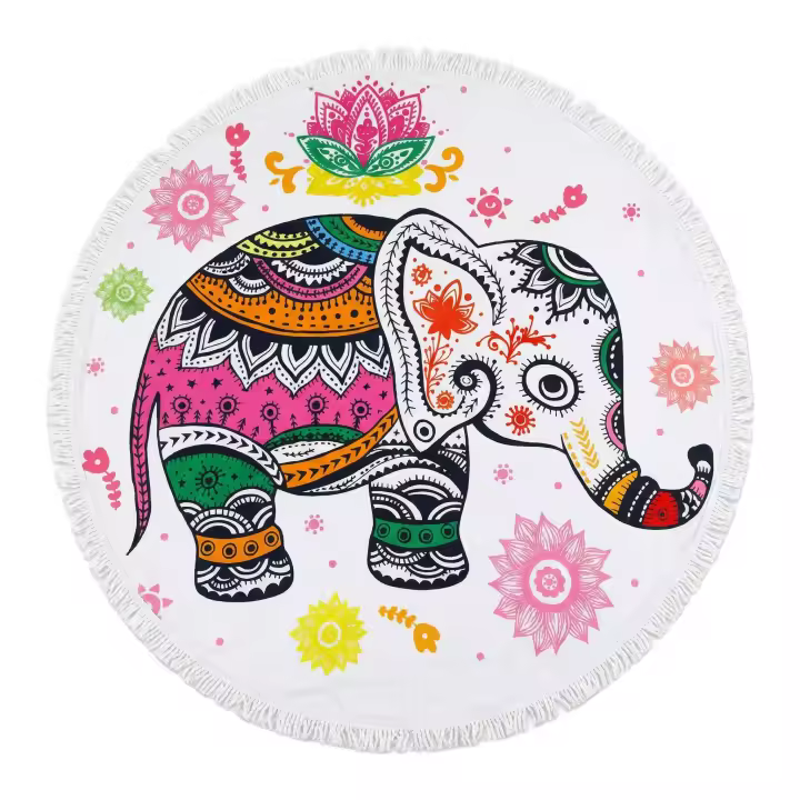 Toalla de Playa Redonda Bohemia Elefante 150cm con Flecos, MEJORADA, Microfibra Antiarena, Secado Rápido 580g, Manta Mandala para Playa, Yoga, Picnic y Decoración