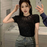 Top De Punto Para Mujer Con Cuello Medio Y Manga Corta Estilo Casual Con Brillantes Polyester Stretch Medio Para Todas Las Estaciones - details 15