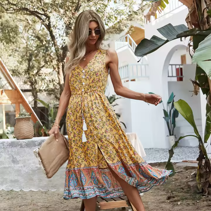 Casual holiday style temperament vest dress 2021 summer tie waist rope skirt - 1