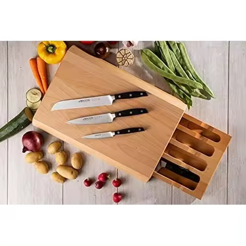 Arcos Juego Cuchillos Set Cuchillos Tacoma Cuchillos  5 piezas  4 Cuchillos Forjados + Tabla de corte con cajonera  Cuchillos Serie Manhattan  Acero Inoxidable Nitrum - 1
