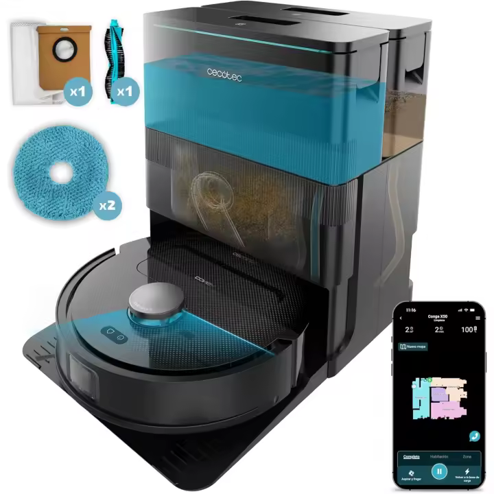 Cecotec Robot Aspirador y Friegasuelos con IA y Base Autovaciado Conga X70. Motor de Succión 15000Pa, Base 4 en 1, Tecnología Láser, Mopas Giratorias, Cepillo Lateral, App y Bluetooth - 1