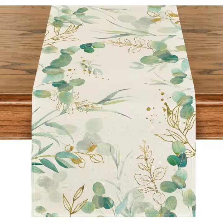 Camino de mesa de verano con hojas de eucalipto verde, decoración de temporada para bodas, cocinas, mesas de comedor para decoración de fiestas en el hogar, 33 x 183 cm - 1