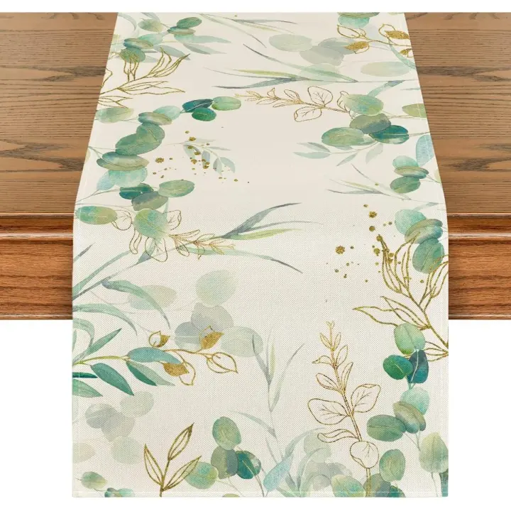Camino de mesa de verano con hojas de eucalipto verde, decoración de temporada para bodas, cocinas, mesas de comedor para decoración de fiestas en el hogar, 33 x 183 cm - 1