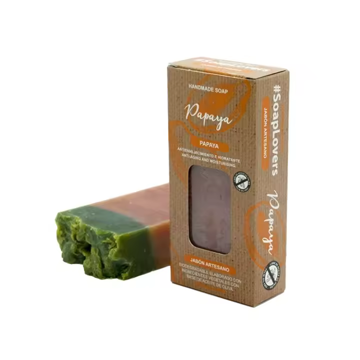 Pastilla de jabón artesano con aceite de oliva y Papaya 100g - Big Soap Factory - Ayuda a eliminar las células muertas y proporciona aspecto suave y terso. - 1