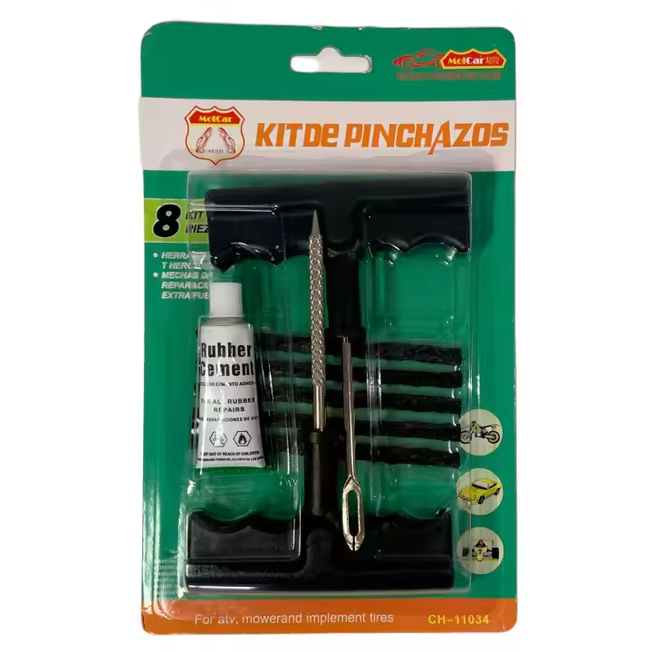 Kit Reparador de pinchazos para neumáticos de Coches y Motos | Herramientas Incluidas: 1 Herramienta para perforar, 1 Herramienta para Insertar la Mecha, 5 mechas y Pegamento | Marca RevolutionLine - 1