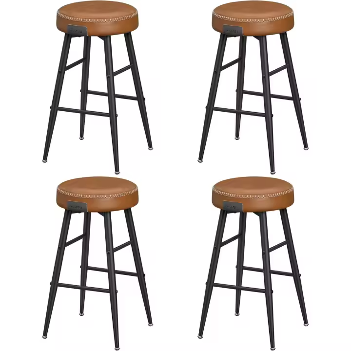 VASAGLE EKHO Colección - Juego de 4 Taburetes de Bar, Taburete Cocina, Taburete Desayuno, Cuero Sintético con Costuras, Moderno Siglo Medio, 63 cm Alto, Silla Comedor, Fácil Montaje,Negro/ Marrón Caramelo - 1