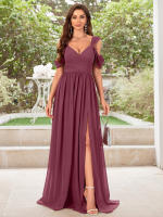 Vestido De Noche Elegante Para Mujer Unithorse Con Hombros Finos Manga Corta Cintura Ajustada Y Abertura En El Lado Chiffón Formal Para Damas De Honor - details 3