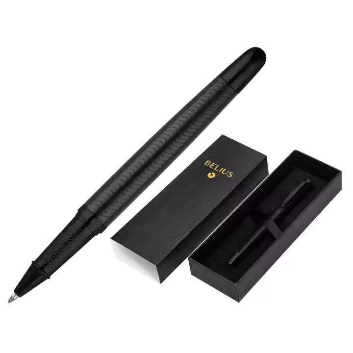 Boligrafo belius neptuno aluminio textura wavy color negro tinta azul caja de diseño. - 1