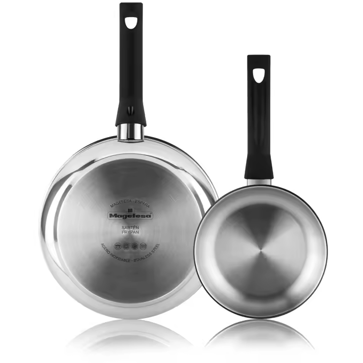 Magefesa Essencial Inox - Set de Sartenes Plateadas  18 + 26cm, Acero Inoxidable, Sin Recubrimiento ni Antiadherente, Ecológicas, Inducción - 1