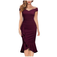 Vestido Elegante Para Mujer De Encaje Con Volante Y Cintura Ajustada Vestido De Fiesta Con Hombros Descubiertos Y Abertura En La Pierna Vestido Clásico De Cintura Alta Y Acolchado - details 7