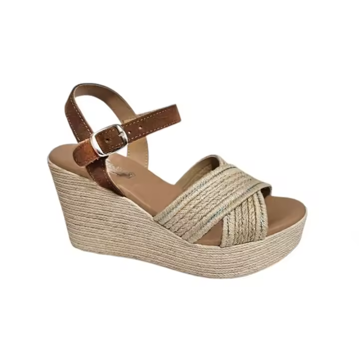 Sandalia Mujer Confort Cuña Alta Referencia: V25313 Roble Marca D'VERANAS  Sandalia confort de cuña alta y plataforma, fabricada en piel Roble con la pala en yute. D'veranas las super cómodas para los pies. - 1