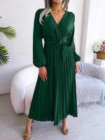 Vestido Largo De Mujer Primavera Verano V-Neck Color Sólido Plisado A-Line Cuello Grande Estilo Casual Largo Hasta El Tobillo - details 28