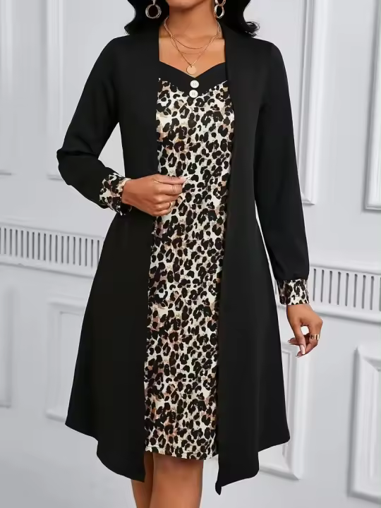 Nuevo Vestido Largo De Punto De Leopardo Para Vacaciones Con Cuello En V Y Botones Estilo Casual A-Line Para Mujer Otoño Invierno - 1