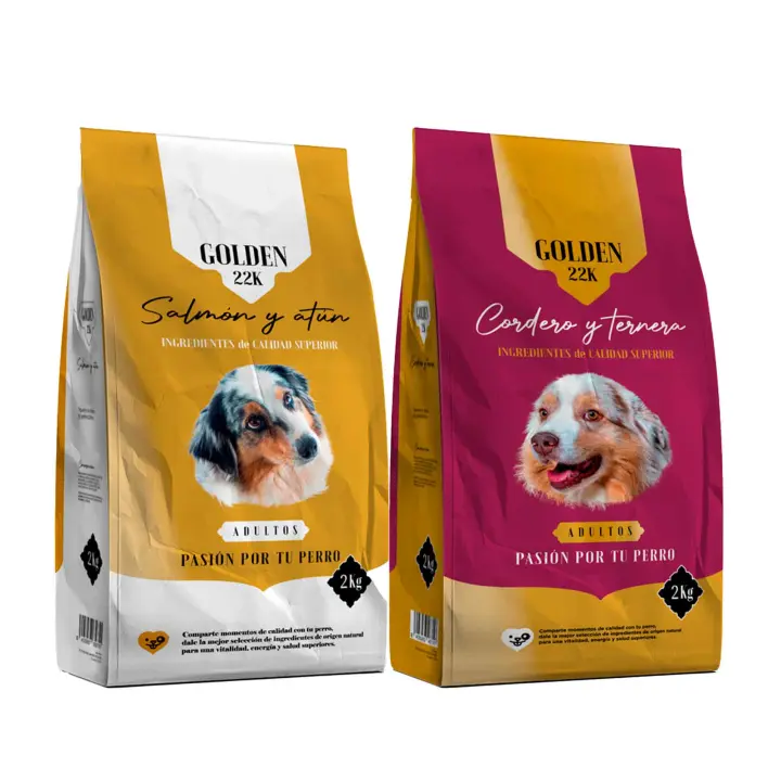 Pack menú degustación pienso Golden 22k salmón y atún / cordero y ternera (2kg+2kg) - Alimentación seca para perros con sabores variados de salmón, atún, cordero y ternera, ideal para degustación inicial - 1