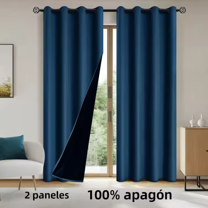2pcs Cortinas Oscurecedoras De Sólido Negro 100% Para Dormitorio Y Sala De Estar Protección UV Deslizamiento Fácil Y Diseño Estilizado - 1