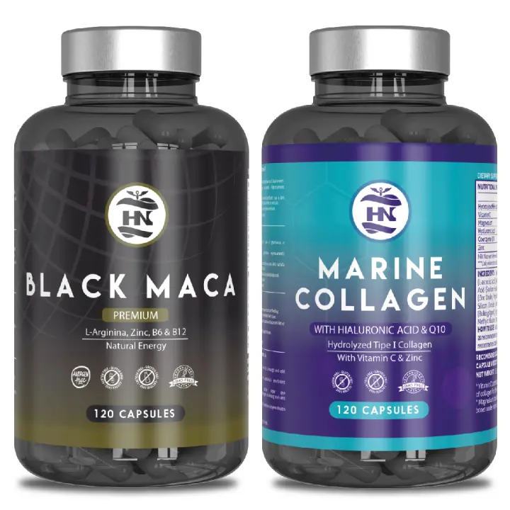 HN - Healthy Nutrition - Pack Black Maca & Colageno Marino - Maca Negra Andina Peruana con L Arginina - Alta Concentración - Máxima Energía y Rendimiento - Vitaminas B6 y B12 Contra Cansancio y Fatiga - Colageno Marino Hidrolizado Puro + Acido Hialuronico - 1