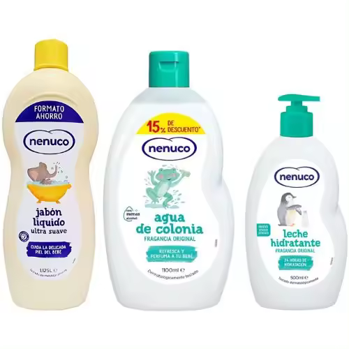 Pack NENUCO Jabón Líquido 1125ml + Agua de Colonia 1100ml + Leche Hidratante 500ml - Set de Cuidado Corporal para bebé - 1