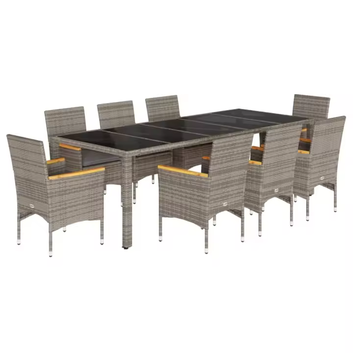 vidaXL Set comedor jardín 9 pzas y cojines ratán sintético vidrio gris - 1