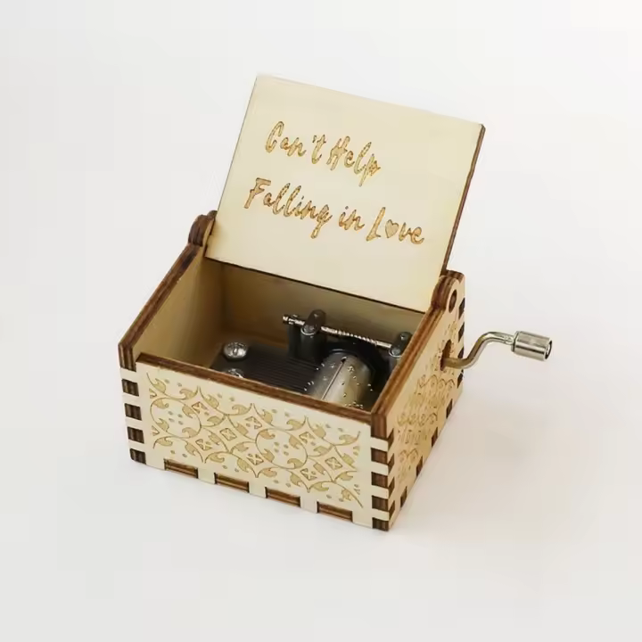 Caja de música manual de madera, con tallado retro (o talla antigua) - Regalo de cumpleaños con impresión a color - 1