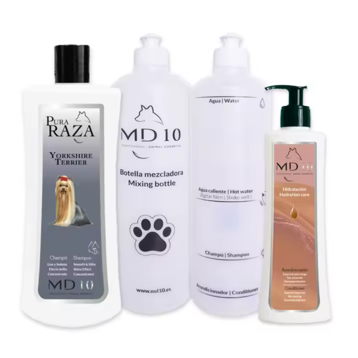 Pack Productos para Yorkshire Terrier - Champú para Perros, Acondicionador Perros Efecto Caída, 2 Botellas Mezcladoras - Vegano y Biodegradable - Fabricado en España - MD10 COLLECTION - 1