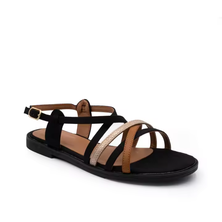 Sandalias Planas con Tiras de Lona Color Marrón - 1