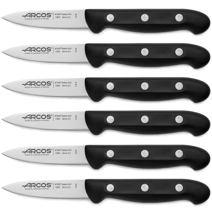 ARCOS Maitre - Cuchillo Mondador (80 mm) - Hoja de Acero Inoxidable Nitrum® - Mango Negro de Polipropileno (PP) - 150200 - PACK 6 - 1