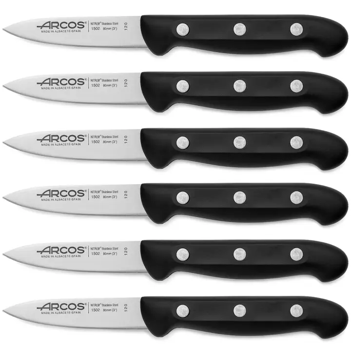 ARCOS Maitre - Cuchillo Mondador (80 mm) - Hoja de Acero Inoxidable Nitrum® - Mango Negro de Polipropileno (PP) - 150200 - PACK 6 - 1