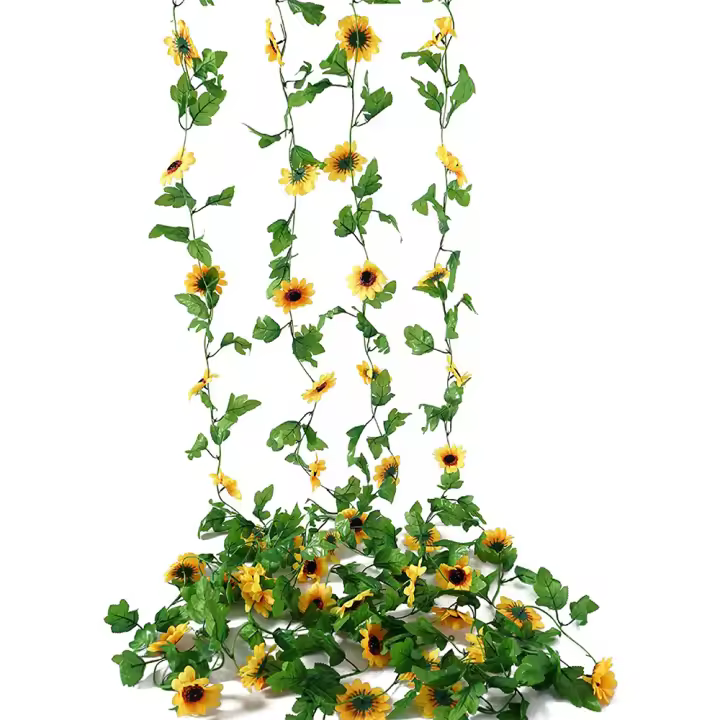 Guirnalda de girasol Artificial de 4 piezas, vid de girasol de seda con hojas, flores falsas, colgante de pared para decoración de corona DIY - 1