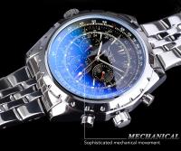 Reloj Mecánico Automático Jaragar Para Hombre Diseño De Vidrio Azul Luminoso Con Exhibición De Fecha Y Semana En Negro Y Plata Resistente Al Agua Con Correa De Acero Inoxidable - details 5