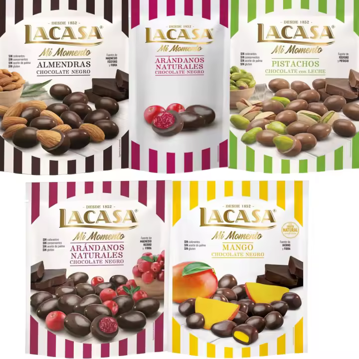 Lacasa Mi Momento pack de 5:Arándano choco Negro 60G,Arándano choco Negro 125G,Almendra choco Negro 125G,Pistacho Leche 100G,Mango choco Negro 115G - 1