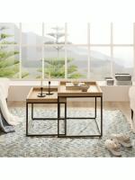 BLOOM STORE-Mesas Auxiliares para Salón Mesas Nidos de 2 Piezas,Exquisita Mesa Auxiliar Industrial, Mesa Baja Cuadrada, Mesa Auxiliar para Sofá con Tapa De Madera, Mesa Central para Sala De Estar Y Dormitorio, - details 2