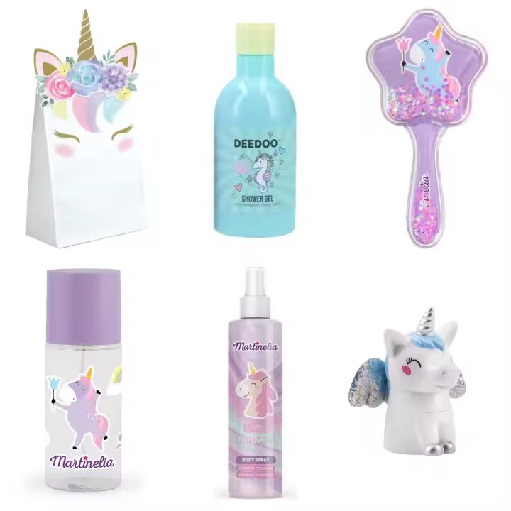 LOTE MARTINELIA UNICORNIO Bruma corporal + Gel de baño + Bálsamo labial + Cepillo pelo + Body mist "Martinelia" y "Deedoo" - 1