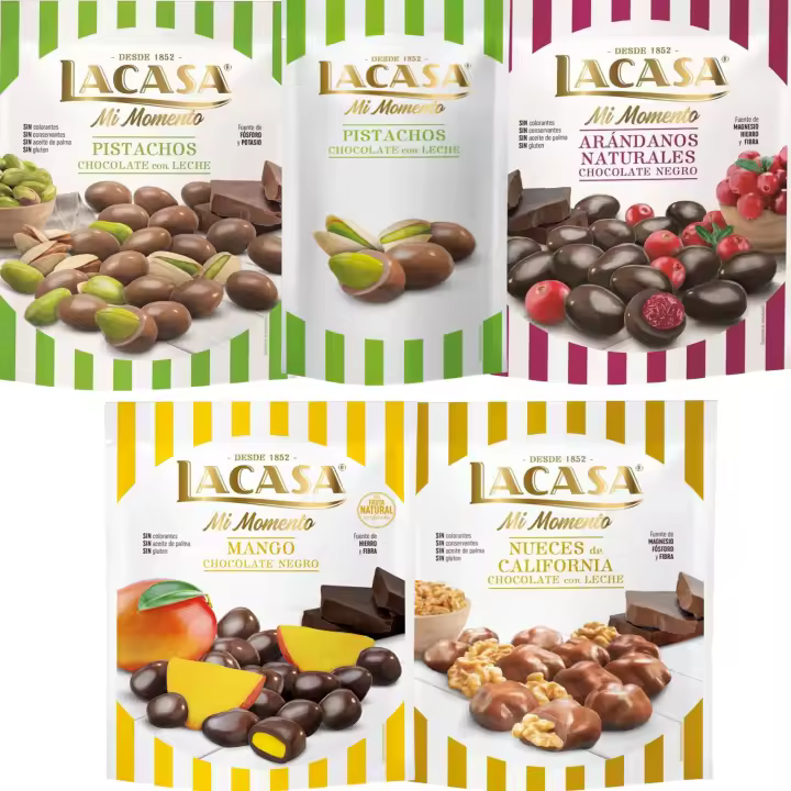 Lacasa Mi Momento pack de 5:Pistacho Leche 50G,Arándano choco Negro 125G,Nueces Leche 115G,Pistacho Leche 100G,Mango choco Negro 115G - 1