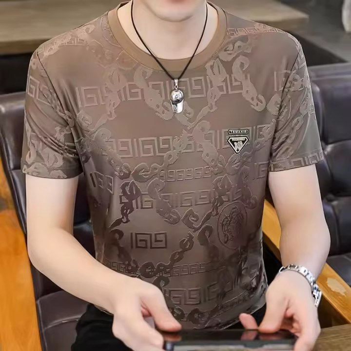Camiseta De Verano Para Hombres Con Manga Corta Seda De Hielo Delgada Y Transpirable Tendencia Jacquard Talla Grande Secado Rápido Top Fresco - 1