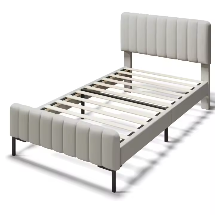 Cama tapizada Cama individual 90x200 cm, somier con somier de lámparas y cabecero ajustable, Cama tapizada en gris-beige, ropa de Cama para habitación de invitados (with colchón) - 1