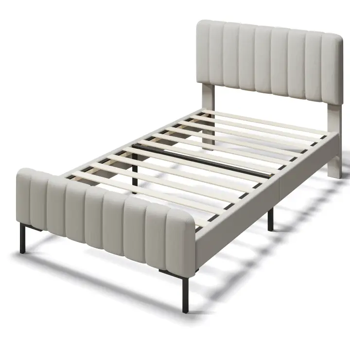 Cama tapizada Cama individual 90x200 cm, somier con somier de lámparas y cabecero ajustable, Cama tapizada en gris-beige, ropa de Cama para habitación de invitados (with colchón) - 1