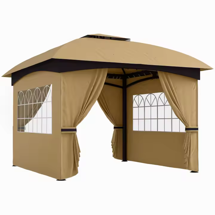 Outsunny Cenador para Jardín 3,4x3,4 m Pérgola de Jardín Gazebo con Doble Techo Paredes Laterales Anti-UV y Ventanas Carpa para Exterior Terraza Patio Beige - 1