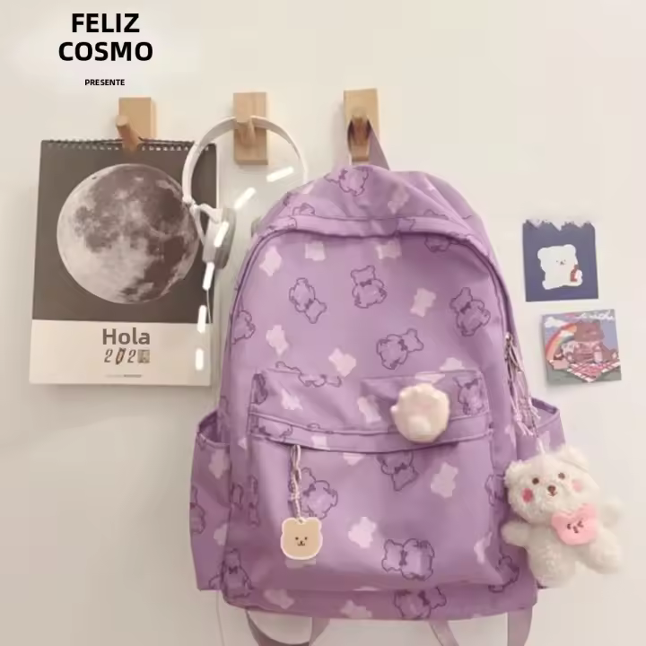 Nueva Mochila Escolar De Lona Grande Capacidad Portátil Con Patrón De Oso Lindo Mochila De Viaje Para Mujeres - 1