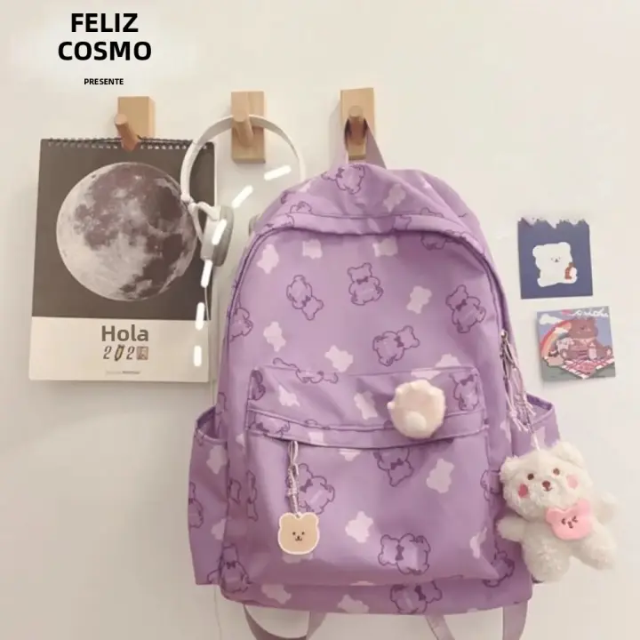 Nueva Mochila Escolar De Lona Grande Capacidad Portátil Con Patrón De Oso Lindo Mochila De Viaje Para Mujeres - 1
