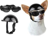 Casco y gafas del perro fijados para el perro pequeño y medio que juega al aire libre con la correa ajustable, casco ultravioleta de la motocicleta de las gafas de la protección del perro con el agujero del oído - details 3