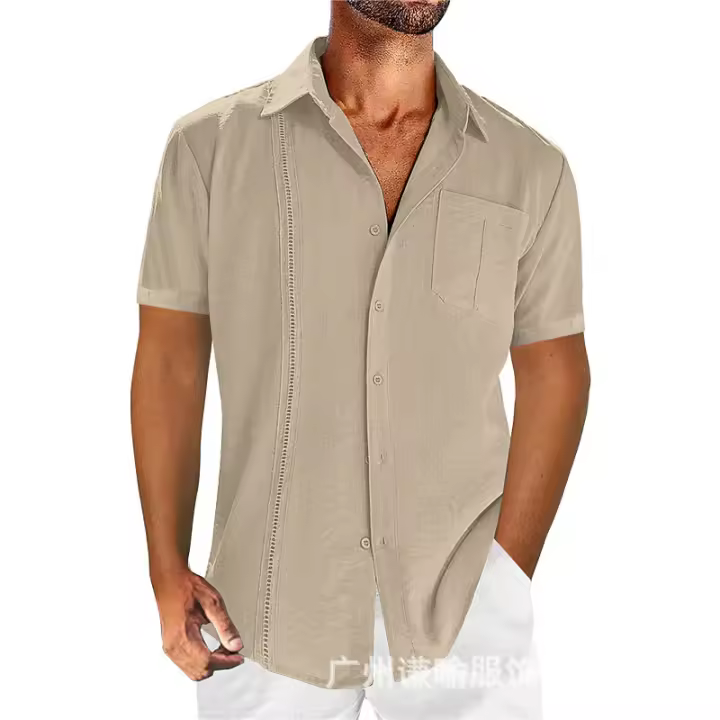 Summer casual solid color lace men's short-sleeved cotton and linen shirt - 1