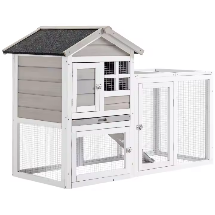 PawHut Conejera Cottage - Conejera superior con rampa y área de paso al aire libre - Bandeja deslizante, techo de betún, 4 puertas con cerradura - Dimensiones: 128 L x 64 W x 92 H cm Madera de abeto gris y blanco - 1